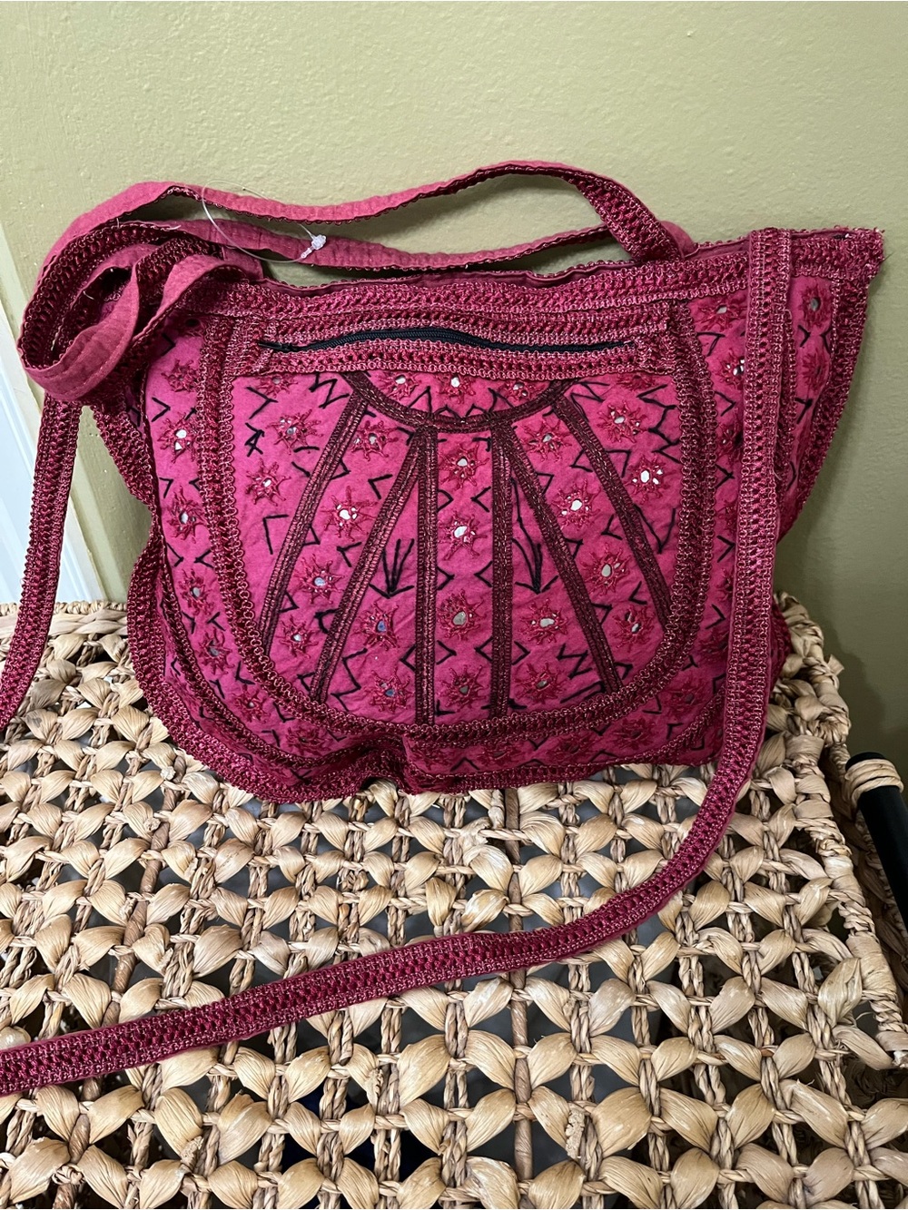 Handcrafted Embroidered Crossbody Bag in Deep Pink